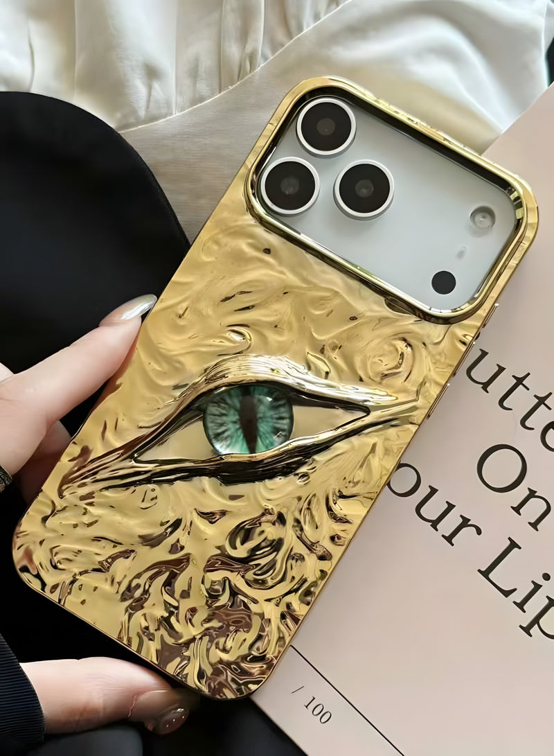 Premium phone case compatible with iPhone 17 Pro Max, luxury 3D mysterious eye design, durable shockproof and scratch resistant material, comfortable grip, modern stylish look, Gold