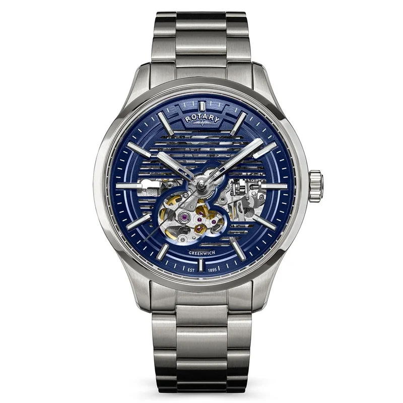 روتاري ساعة Rotary Greenwich الرجالية الأوتوماتيكية (هيكل مكشوف/Skeleton) من الفولاذ المقاوم للصدأ، ميناء أزرق ومقاومة للماء حتى 100 متر - RGB10073/05