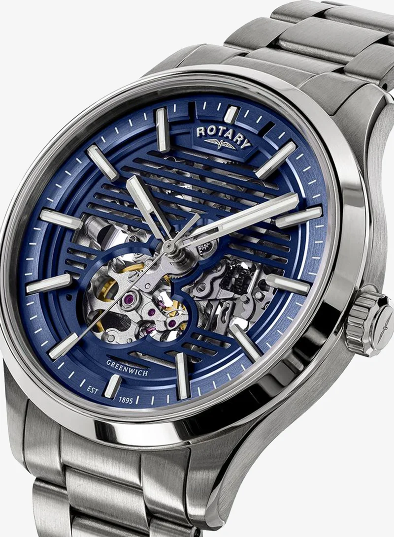 Rotary Rotary Men's Greenwich Skeleton Automatic 100M Water Resistance Blue Dial Stainless Steel Bracelet Watch - RGB10073/05