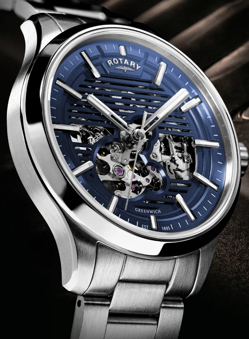 Rotary  Men's Greenwich GT1 Skeleton Automatic Watch, 42 mm, Blue Dial, Stainless Steel Bracelet for Men | Best Price UAE