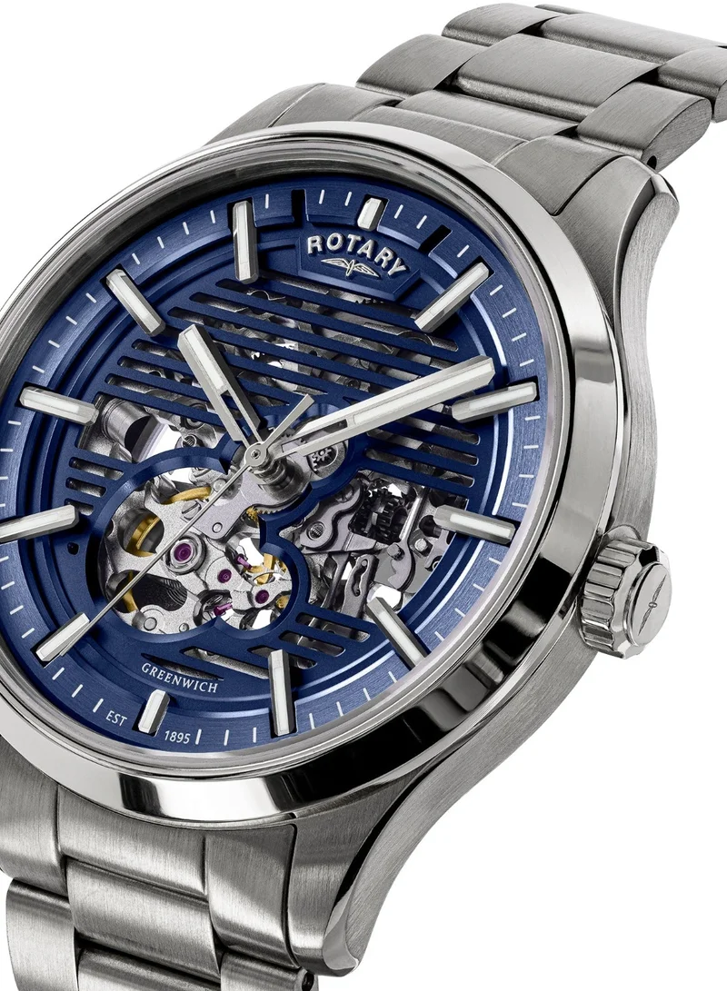 Rotary Men's Greenwich GT1 Skeleton Automatic Watch, 42 mm, Blue Dial, Stainless Steel Bracelet