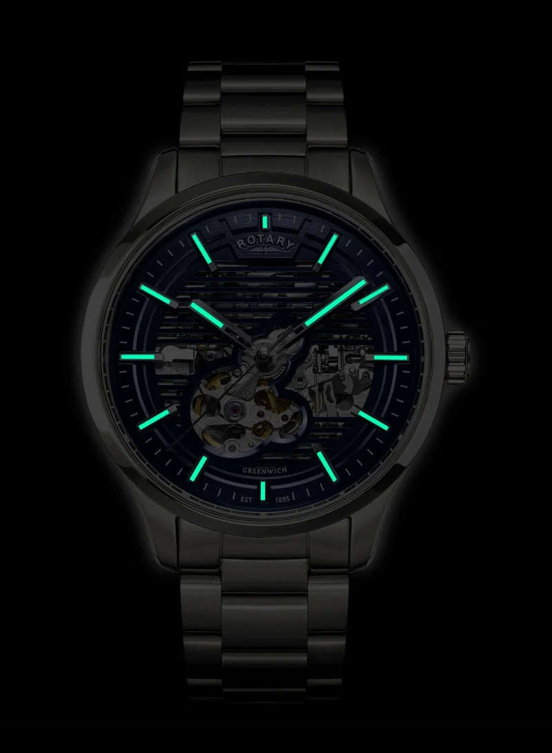Rotary  Men's Greenwich GT1 Skeleton Automatic Watch, 42 mm, Blue Dial, Stainless Steel Bracelet for Men | Best Price UAE
