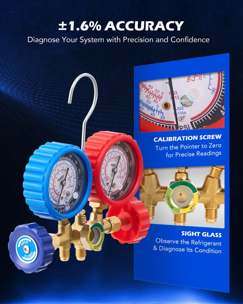 Orion Motor Tech مجموعة عدادات تكييف هواء أورايون موتور تك، مجموعة عدادات مانيفولد لتكييف الهواء لـ R134a R12 R502، 3 طرق للسيارة مع خراطيم وموصلات ومحول بطول 5 أقدام، مجموعة شحن فريون مع ثقب وصمام ذاتي الإغلاق - Image 5