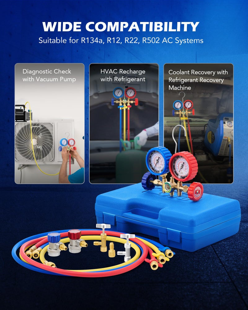 Orion Motor Tech مجموعة عدادات تكييف هواء أورايون موتور تك، مجموعة عدادات مانيفولد لتكييف الهواء لـ R134a R12 R502، 3 طرق للسيارة مع خراطيم وموصلات ومحول بطول 5 أقدام، مجموعة شحن فريون مع ثقب وصمام ذاتي الإغلاق - Image 4