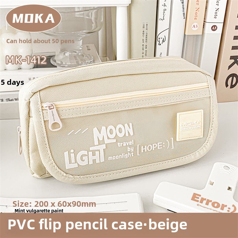 Large Capacity Canvas Pencil Case for Students Beige/large capacity three-layer flip cover/can hold 50 pens