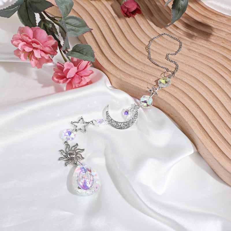 XLIUAX Moon and Star Rear View Mirror Car Charm, Cute Boho Sun Catcher Pendant Hangings Ornaments Healing Crystals Stones Car Decor for Women Men(B) - Image 2