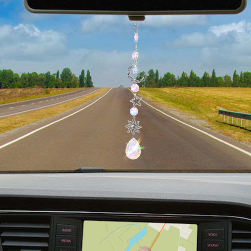 XLIUAX Moon and Star Rear View Mirror Car Charm, Cute Boho Sun Catcher Pendant Hangings Ornaments Healing Crystals Stones Car Decor for Women Men(B) - Image 5
