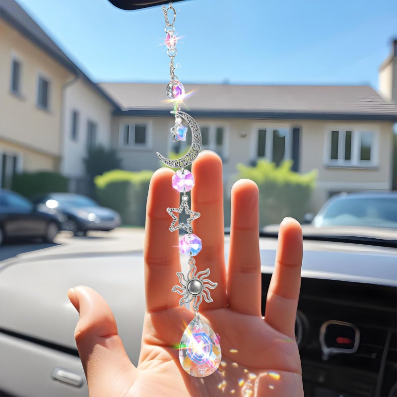 XLIUAX Moon and Star Rear View Mirror Car Charm, Cute Boho Sun Catcher Pendant Hangings Ornaments Healing Crystals Stones Car Decor for Women Men(B) - Image 1