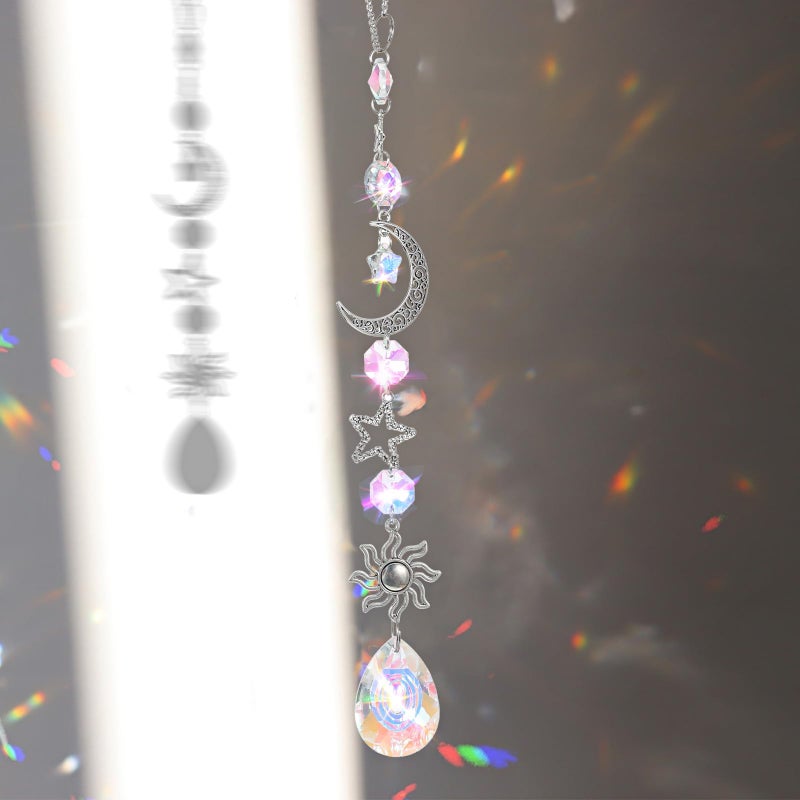 XLIUAX Moon and Star Rear View Mirror Car Charm, Cute Boho Sun Catcher Pendant Hangings Ornaments Healing Crystals Stones Car Decor for Women Men(B) - Image 3