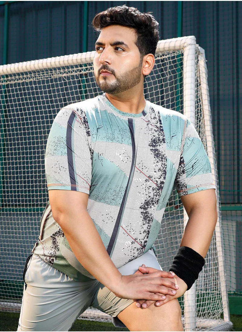 انستافاب بلس Instafab Plus Men's Sage Green & Off-White Abstract-Geo Activewear T-Shirt For Casual Wear | Crew Neck | Short Sleeves | Plus Size Jersey T-Shirt Crafted With Comfort Fit For Everyday Wear