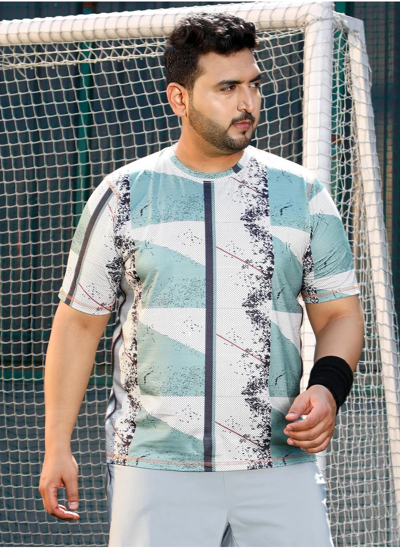 انستافاب بلس Instafab Plus Men's Sage Green & Off-White Abstract-Geo Activewear T-Shirt For Casual Wear | Crew Neck | Short Sleeves | Plus Size Jersey T-Shirt Crafted With Comfort Fit For Everyday Wear