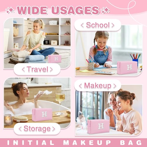 ChaoGreat Bride Gifts – Personalized Initial Makeup Bag with Pearl Rhinestone Patch, Preppy Pink Monogram Cosmetic/Toiletry Pouch, bridesmaid Gifts, Bridal Shower Gifts, Wedding Gifts, Bridal Gifts,H - Image 4