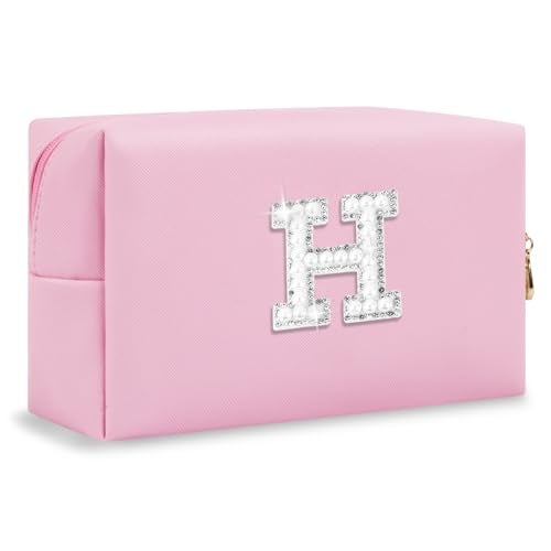 ChaoGreat Bride Gifts – Personalized Initial Makeup Bag with Pearl Rhinestone Patch, Preppy Pink Monogram Cosmetic/Toiletry Pouch, bridesmaid Gifts, Bridal Shower Gifts, Wedding Gifts, Bridal Gifts,H - Image 1