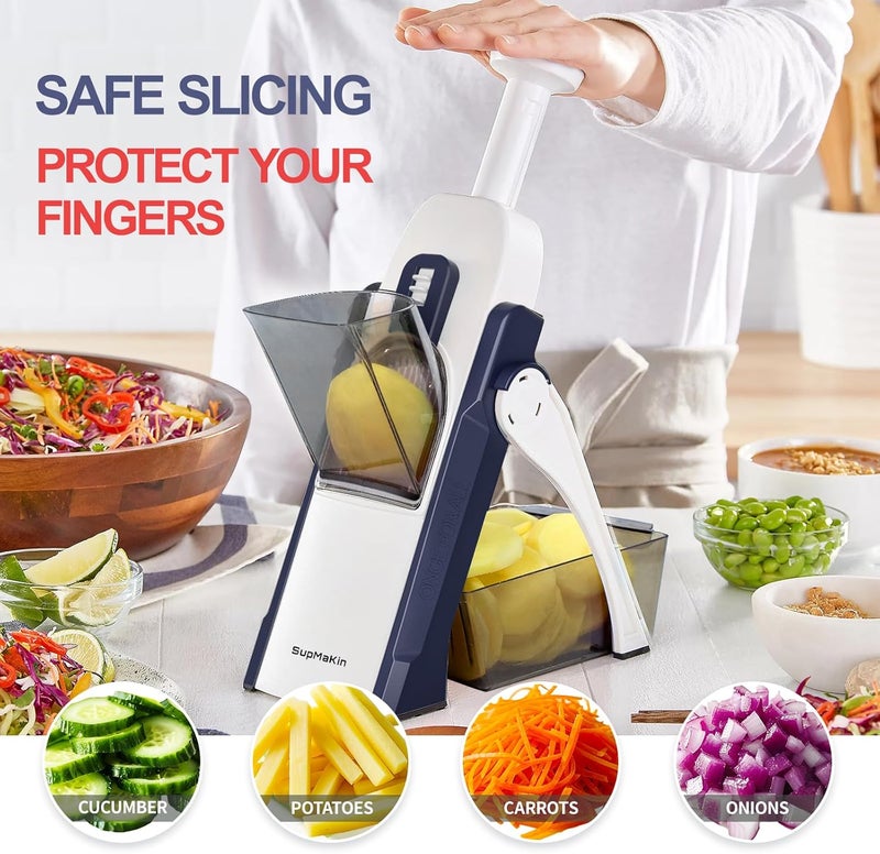 SupMaKin Safe Mandoline Slicer for Kitchen, Potato Slicer, All in 1 Vegetables Slicer and Chopper, French Fry Cutter, Adjustable Thickness, Dishwasher Safe Chopping Artifact Gift (Blue) - Image 2