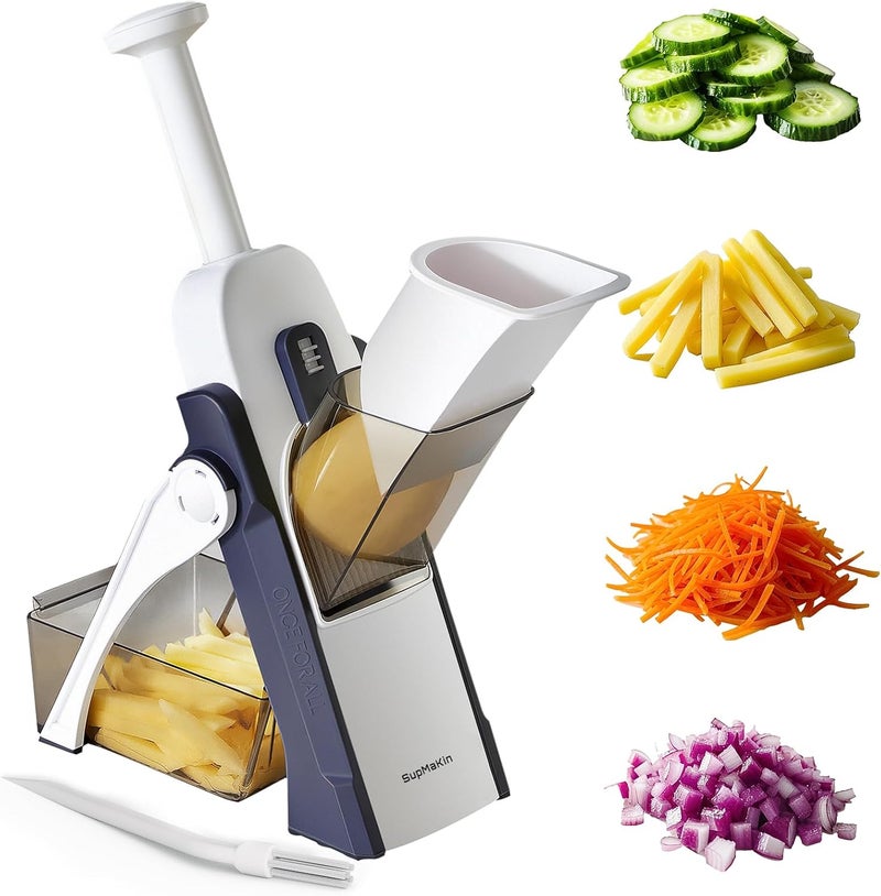 SupMaKin Safe Mandoline Slicer for Kitchen, Potato Slicer, All in 1 Vegetables Slicer and Chopper, French Fry Cutter, Adjustable Thickness, Dishwasher Safe Chopping Artifact Gift (Blue) - Image 1