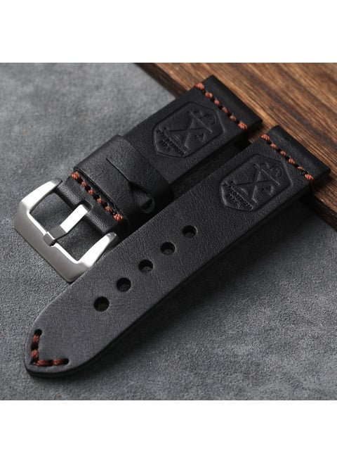 Italian Top Layer Genuine Cow Leather Watchband 20-24mm Suitable For Coca-cola Circle Craftsman Water Ghost Vintage Soft Black + Silver Buckle
