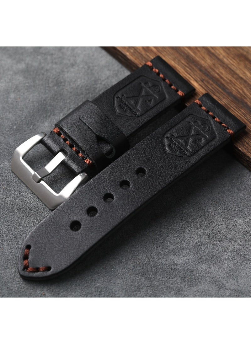Generic - Italian Top Layer Genuine Cow Leather Watchband 20-24mm Suitable For Coca-cola Circle Craftsman Water Ghost Vintage Soft Black + Silver Buckle - Image 1
