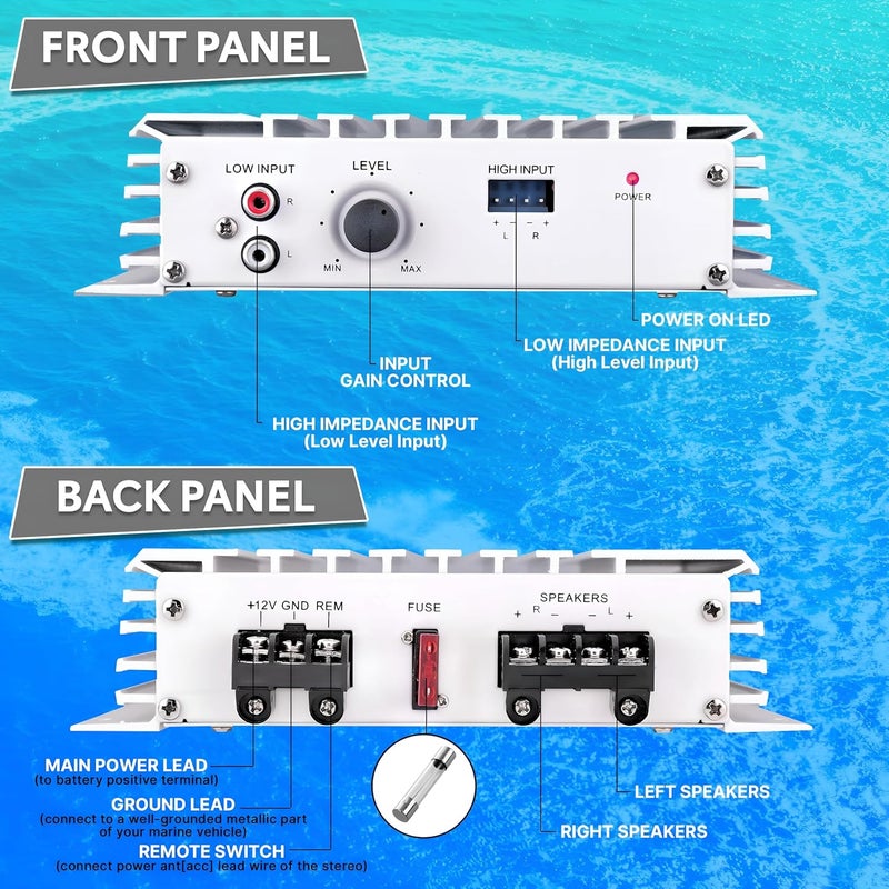 Pyle مضخم الصوت البحري بايل هيدرا - 240 واط 4 قنوات مضخم صوت مقاوم للماء مع مدخل RCA ومؤشر LED (PLMRA120) - Image 3