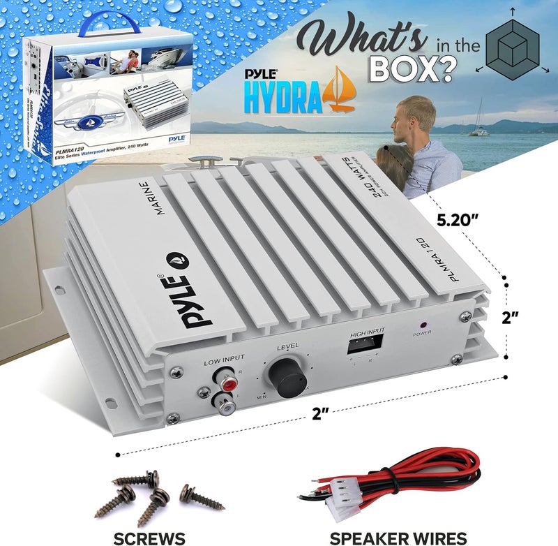 Pyle مضخم الصوت البحري بايل هيدرا - 240 واط 4 قنوات مضخم صوت مقاوم للماء مع مدخل RCA ومؤشر LED (PLMRA120) - Image 2