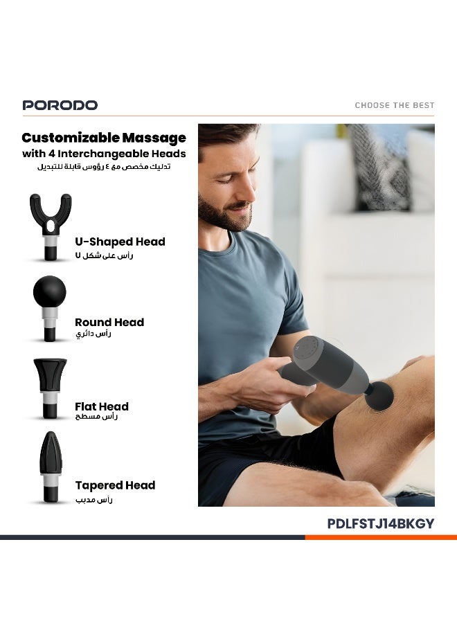 porodo EaseOn Handheld Massager / 5 Speed Levels / Adjustable Intensity / 2 Hours Runtime / Type-C Fast Charging / Auto Shut-Off / Travel Pouch Included - Gray - Image 2