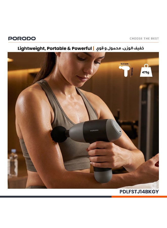 porodo EaseOn Handheld Massager / 5 Speed Levels / Adjustable Intensity / 2 Hours Runtime / Type-C Fast Charging / Auto Shut-Off / Travel Pouch Included - Gray - Image 3