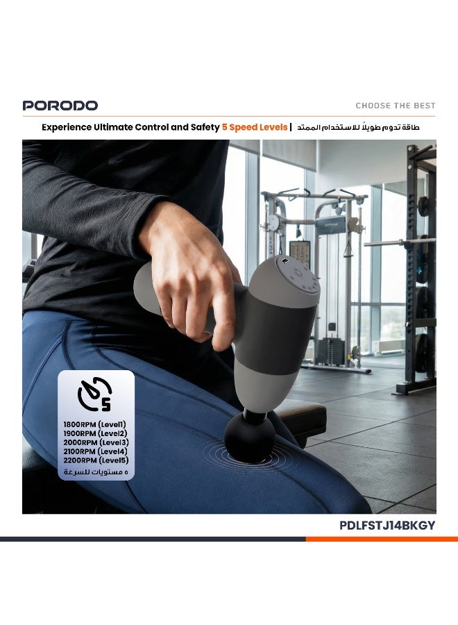 porodo EaseOn Handheld Massager / 5 Speed Levels / Adjustable Intensity / 2 Hours Runtime / Type-C Fast Charging / Auto Shut-Off / Travel Pouch Included - Gray - Image 4