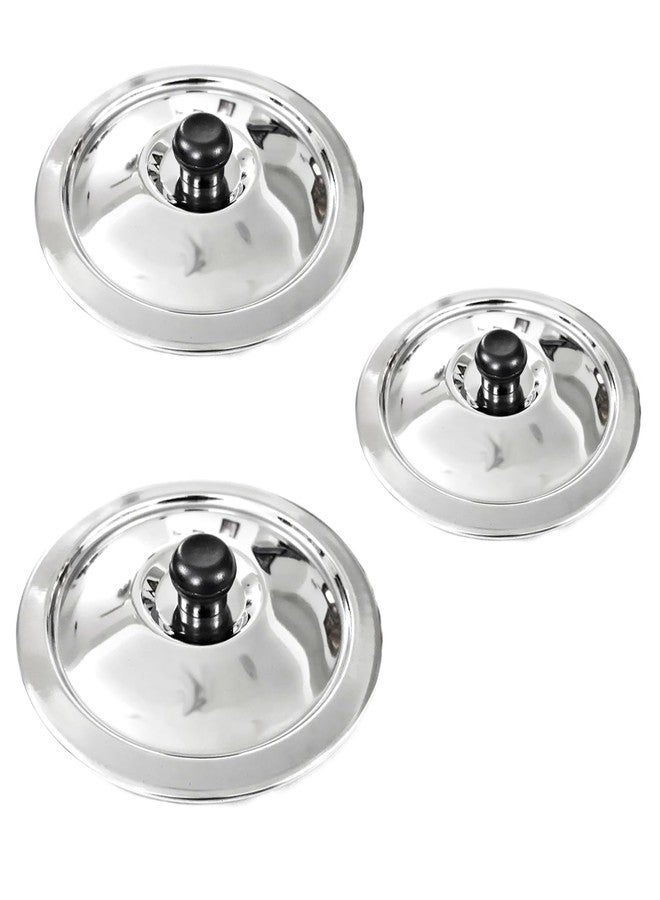 Heavy Duty Stainless Steel ss Lid for Kitchen Vessels, with Knobs. - 3 Pieces. Lid's Outer Diameter:1) 16.5cm. 2) 19.0cm, 3) 20.5cm. Approx. Weight: 485gm. /MS2,4,5 - Image 1