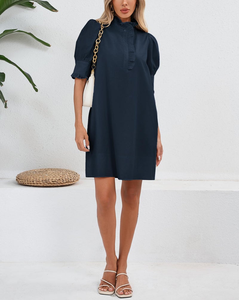 YEXPINE Women's Puff Short Sleeve Stand Ruffle Collar Summer Dress Casual A Line Shift Mini Dress with Pockets Dark Blue - Image 2