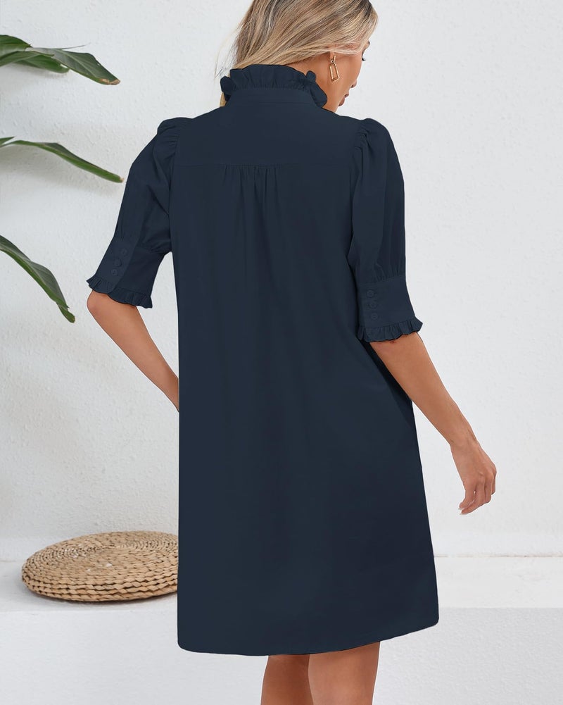 YEXPINE Women's Puff Short Sleeve Stand Ruffle Collar Summer Dress Casual A Line Shift Mini Dress with Pockets Dark Blue - Image 4