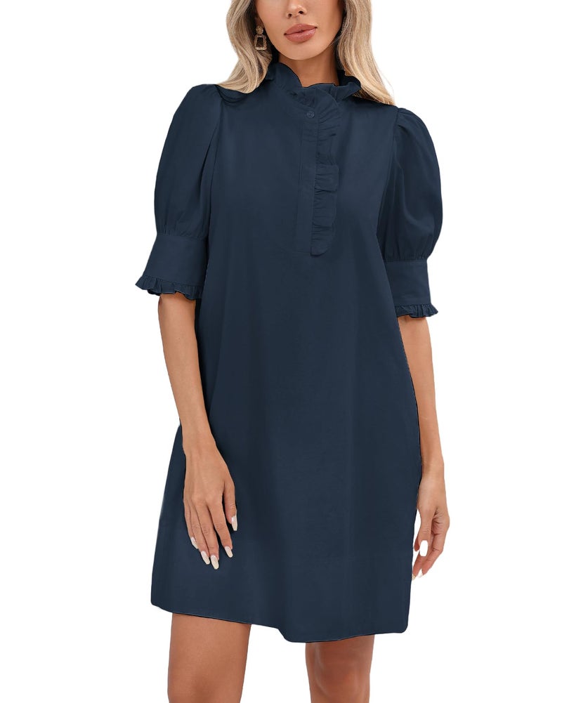 YEXPINE Women's Puff Short Sleeve Stand Ruffle Collar Summer Dress Casual A Line Shift Mini Dress with Pockets Dark Blue - Image 1