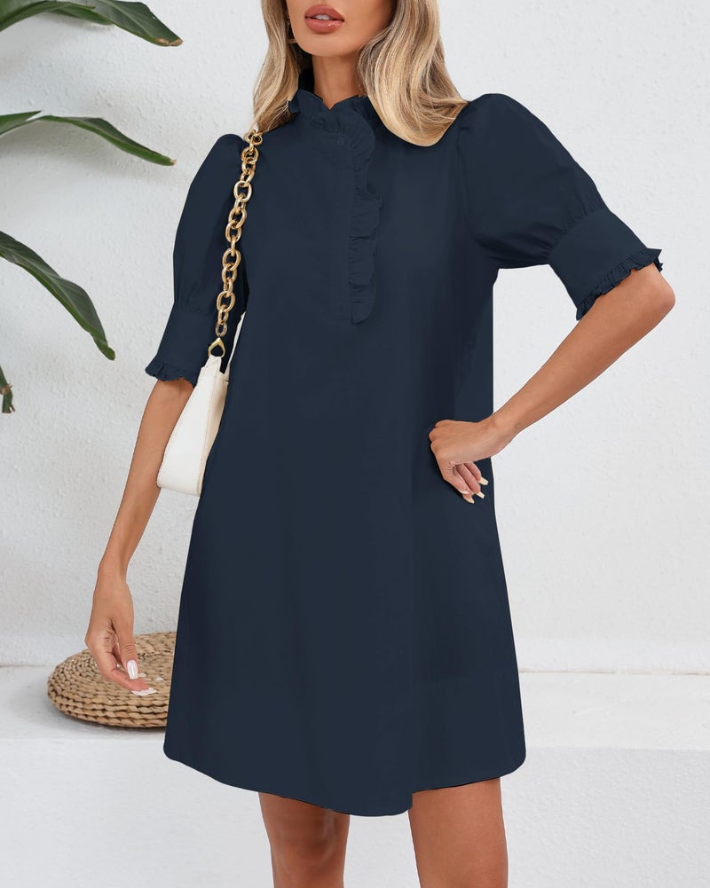 YEXPINE Women's Puff Short Sleeve Stand Ruffle Collar Summer Dress Casual A Line Shift Mini Dress with Pockets Dark Blue - Image 3
