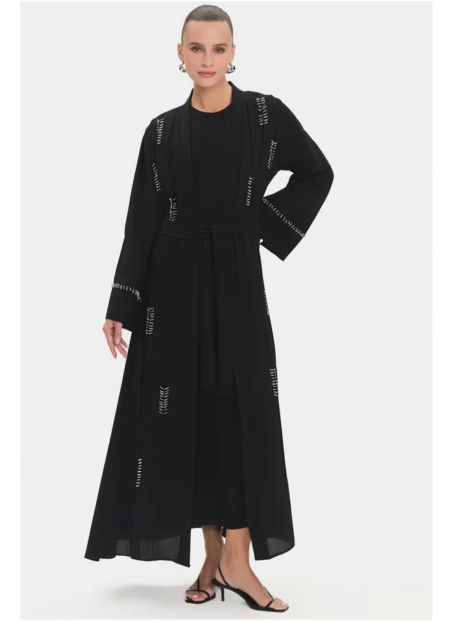 جون June Women Crew Neck Embroidered Waist Tie Detail Abaya Black