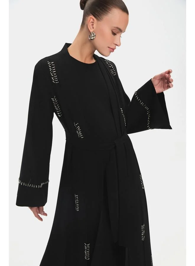 JUNE June Women Crew Neck Embroidered Waist Tie Detail Abaya Black