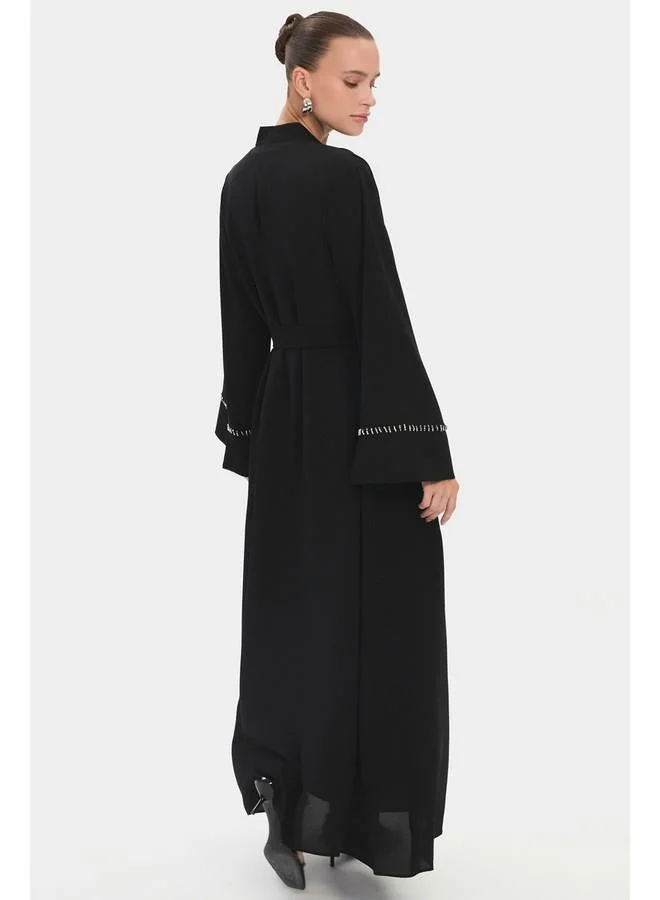 JUNE June Women Crew Neck Embroidered Waist Tie Detail Abaya Black