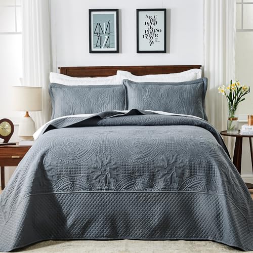 Qucover Alaska King Bedspread 132x 120, Oversized King Bedspread, 3 Piece Soft Microfiber Lightweight Extra Wide King Size Quilts Oversized Comforter Set, Vintage Persian Pattern, Dark Grey - Image 2