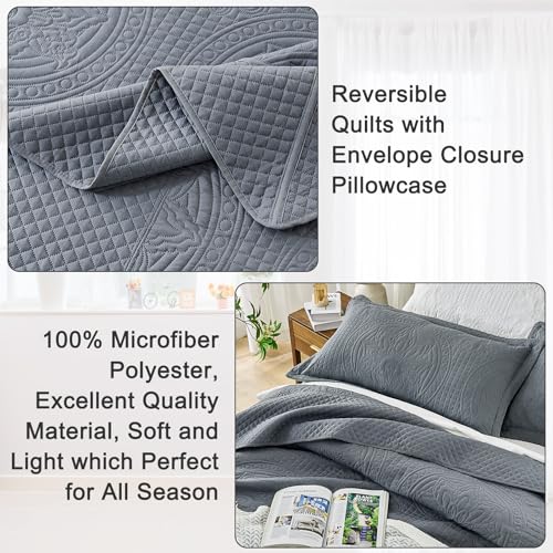 Qucover Alaska King Bedspread 132x 120, Oversized King Bedspread, 3 Piece Soft Microfiber Lightweight Extra Wide King Size Quilts Oversized Comforter Set, Vintage Persian Pattern, Dark Grey - Image 5