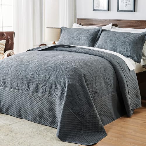 Qucover Alaska King Bedspread 132x 120, Oversized King Bedspread, 3 Piece Soft Microfiber Lightweight Extra Wide King Size Quilts Oversized Comforter Set, Vintage Persian Pattern, Dark Grey - Image 1