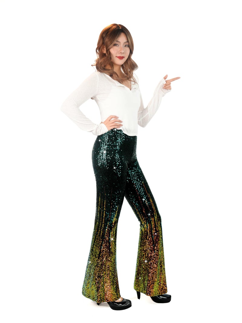 Nawgut Sequin Flare Pants Sparkly Glitter High Waisted Bell Bottom Trousers Disco Party Clubwear for Women-X-Large - Image 4