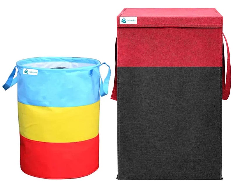 Unicrafts Laundry Bag 45 L Durable and Collapsible Laundry storage Bag Foldable 68 L Laundry Basket With Lid and Side Handles Combo Pack of 2 Pc Laundry Bins 1 Multicolor 45 L 1 RedBlack 68 L - Image 1