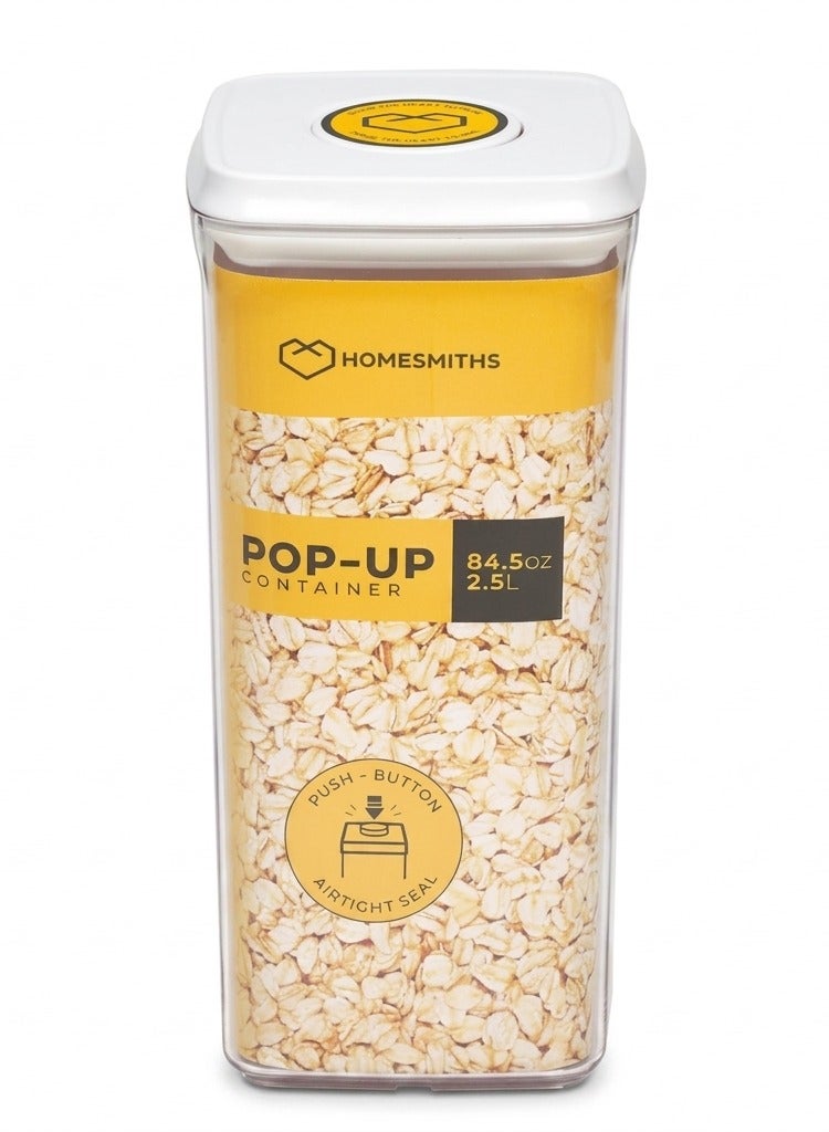 Homesmiths Airtight 2.5L Square Storage Canister with Pop-Up Lid, L 22.5 x B 15.5 x H 9 cm | Clear BPA-Free Kitchen & Pantry Organizer for Dry Goods, Snacks, Coffee, Rice & Flour - Image 1