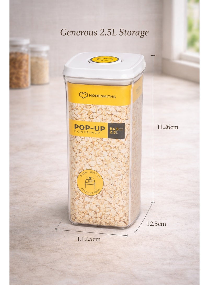 Homesmiths Airtight 2.5L Square Storage Canister with Pop-Up Lid, L 22.5 x B 15.5 x H 9 cm | Clear BPA-Free Kitchen & Pantry Organizer for Dry Goods, Snacks, Coffee, Rice & Flour - Image 2