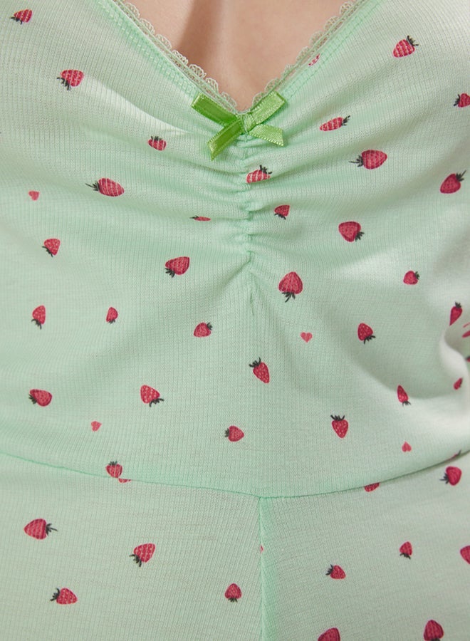 trendyol Green Strawberry Patterned Gathered Ribbed Knitted Jumpsuit - Image 3