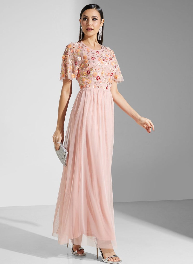 Namshi x Floral Embroidered Gown Dress  - Image 1