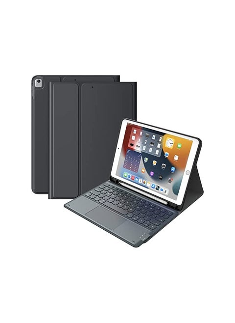 لوحة مفاتيح iPad الجيل التاسع، لوحة مفاتيح لجهاز iPad الجيل الثامن/السابع 10.2 بوصة، لوحة تتبع ذكية، لاسلكية قابلة للفصل مع حامل أقلام، حافظة لوحة مفاتيح قابلة للطي لجهاز iPad 9/8/7 الجيل 10.2 بوصة، أسود