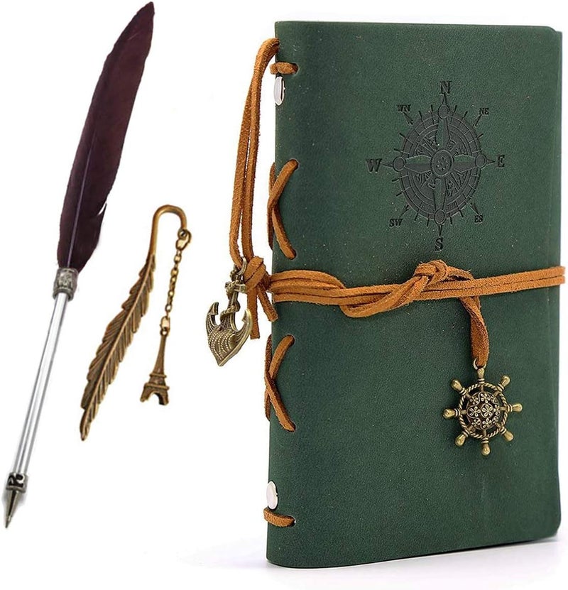 comfrt Classic PU Leather Diary Notebook with Feather Ballpoint Pen and Bookmark, Refillable Spiral Vintage Travelers Writing Journal Notebook Binder Notepad Art Sketching Sketchbook Scrapbook (Dark green) - Image 1