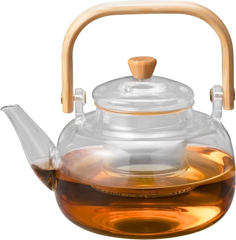 KRUPAVI Glass Teapot with Glass Infuser 900ml Tea Pot with Bamboo Handle HeatResistant Glass Tea Pot Borosilicate Glass Tea Maker for Loose Tea Safe On Stovetop Pack of 1 - Image 1