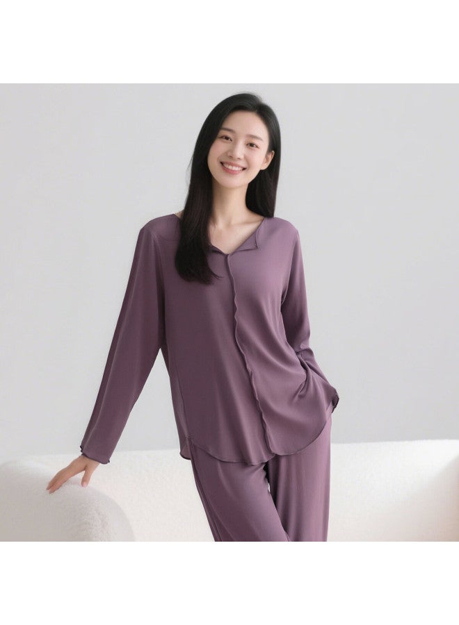 Top melon Dingguagua Women's Spring Summer Pure Cotton V-neck Long Sleeve Pajama Set Meadow Purple 170 - Image 1