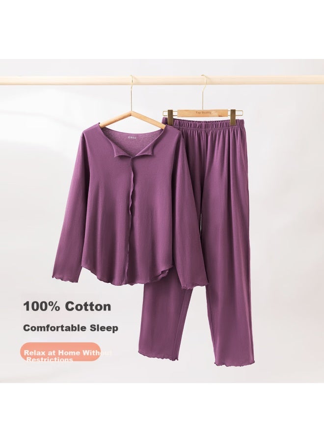 Top melon Dingguagua Women's Spring Summer Pure Cotton V-neck Long Sleeve Pajama Set Meadow Purple 170 - Image 2