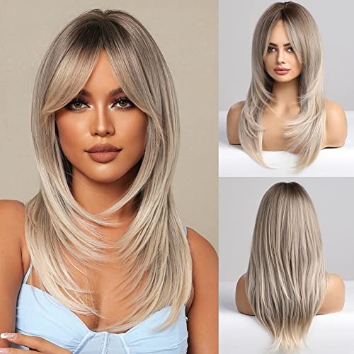 HAIRCUBE Grey Blonde Wigs for Women,Long Layered Ombre Wigs with Bangs Heat Resistant Synthetic Fibre Wigs(pelucas de cabello natural) - Image 1