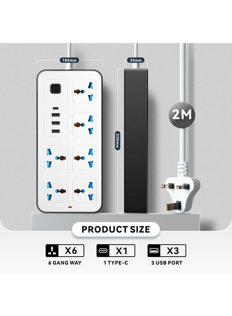 GKK A38 Power Extension Socket with 6 Universal AC Outlets, 3 USB Ports & 1 PD Charging Port, Power Strip with On/Off Switch, Multi Plug Extension Board for Home, Office & Travel, White/Black - Image 3